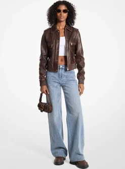 Burnished Leather Blouson Sleeve Jacket