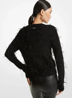 Feather Embellished Merino Wool Blend Cropped Sweater
