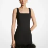 Feather Trim Stretch Crepe Shift Dress