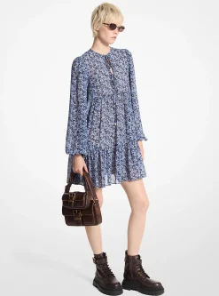 Floral Print Georgette Tie-Neck Dress
