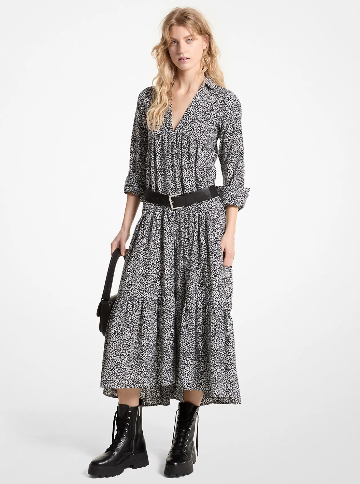 Leopard Print Cotton and Silk Tiered Midi Dress