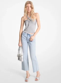 Metallic Stretch Knit Cutout Halter Tank