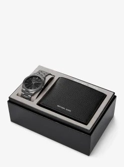 Oversized Slim Runway Gunmetal Watch And Jet Set Charm Leather Wallet Gift Set