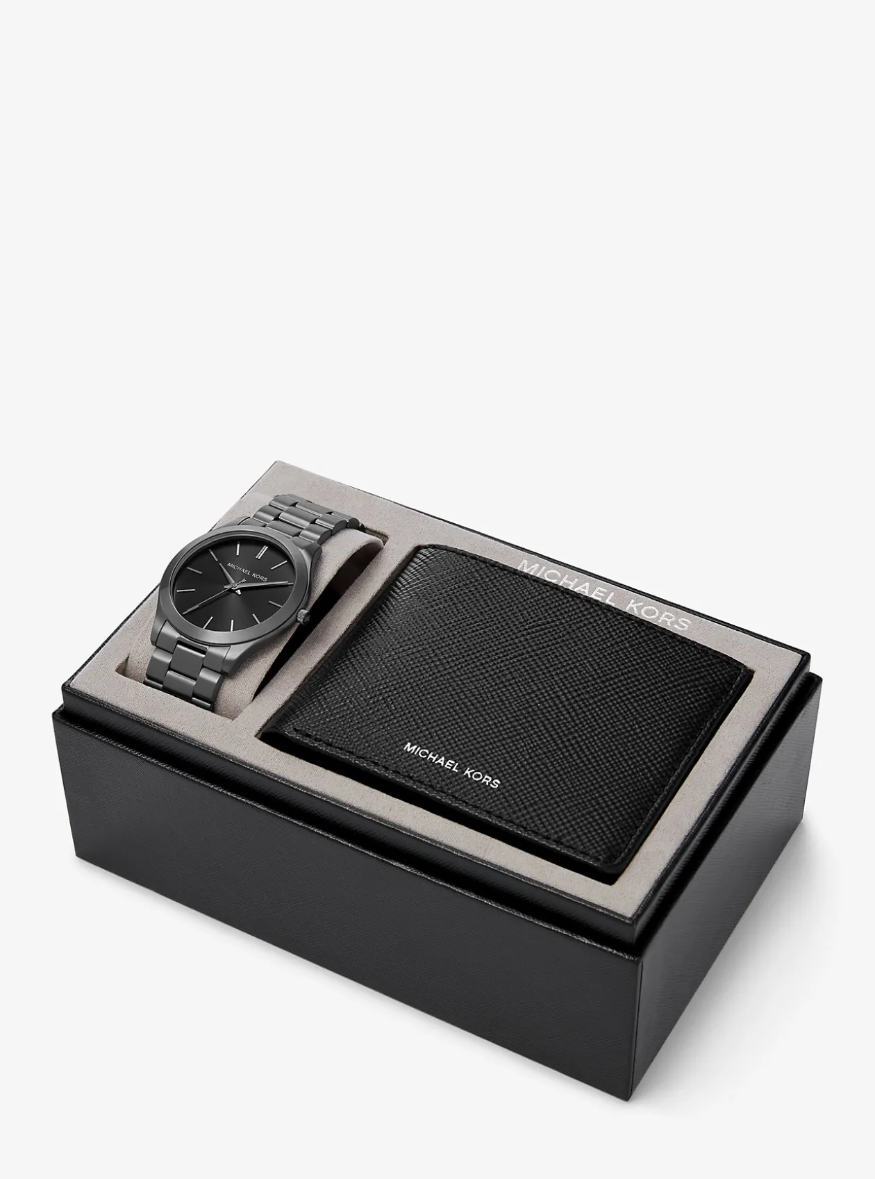 Oversized Slim Runway Gunmetal Watch And Jet Set Charm Leather Wallet Gift Set
