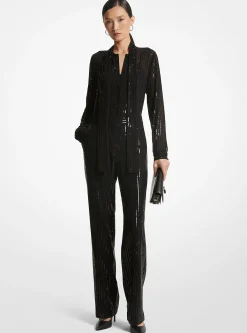 Pinstripe Sequined Georgette Jumpsuit