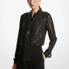 Pinstripe Sequined Georgette Tie-Neck Blouse