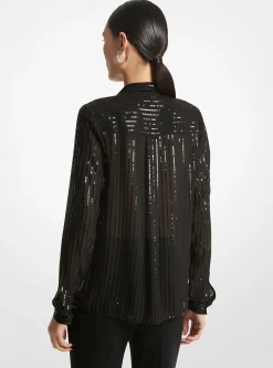 Pinstripe Sequined Georgette Tie-Neck Blouse