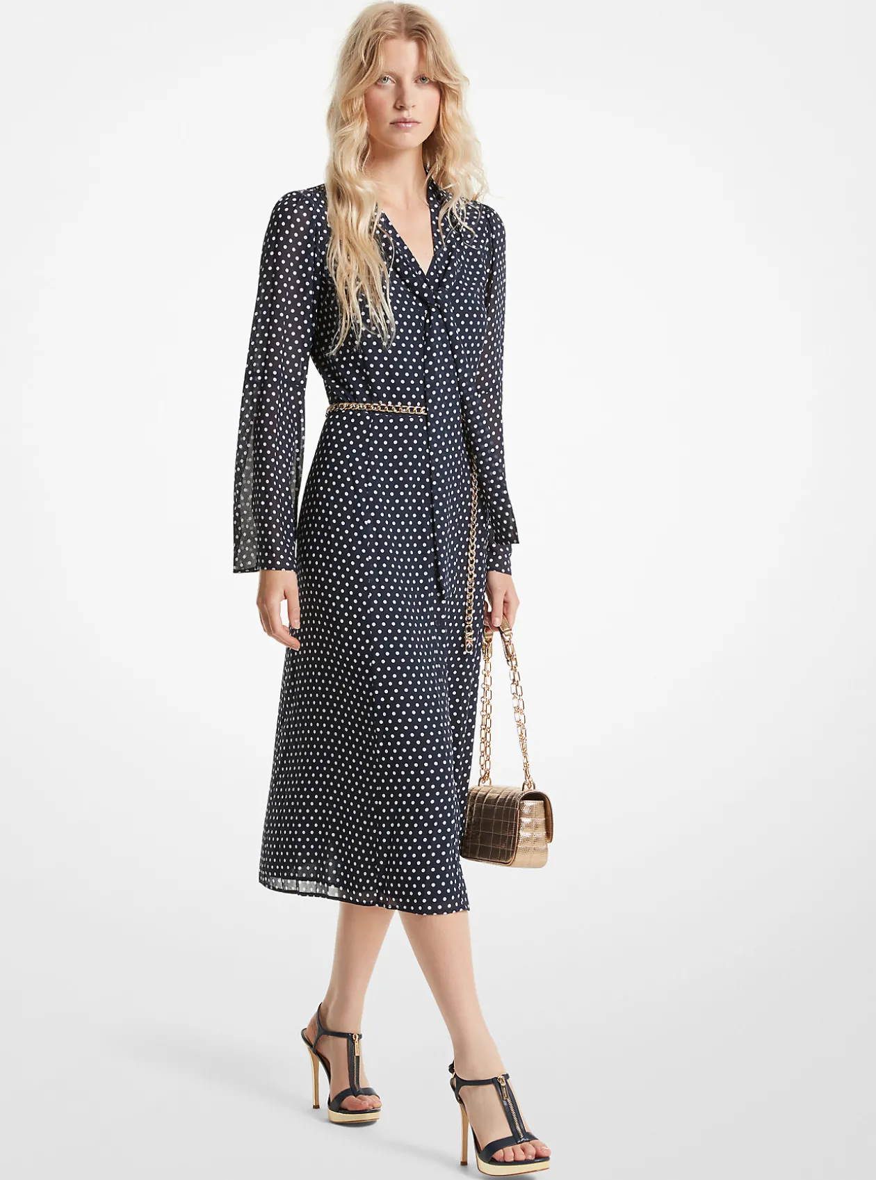 Polka Dot Georgette Tie-Neck Midi Dress