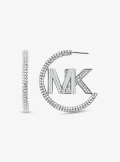 Precious Metal-Plated Brass Pavé Logo Hoop Earrings