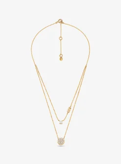 Precious Metal-Plated Sterling Silver Pav&eacute; Disc Layering Necklace