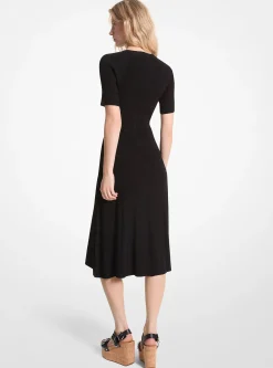 Ribbed Stretch Knit Button Midi Dress