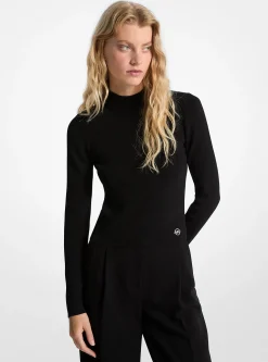 Ribbed Stretch Knit Mock Neck Sweater