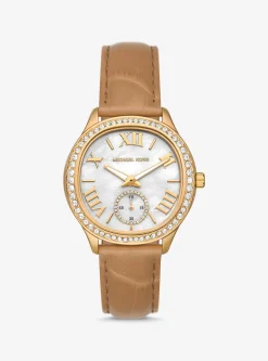 Sage Pav&eacute; Gold-Tone and Crocodile Embossed Leather Watch