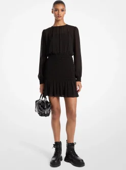 Smocked Georgette Long Sleeve Dress