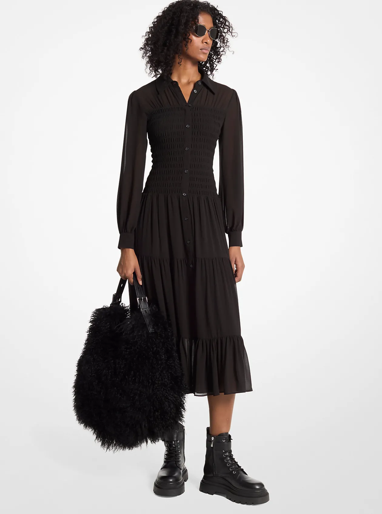 Smocked Georgette Shirtdress