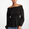 Smocked Moir&eacute; Jacquard Off-The-Shoulder Top