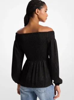 Smocked Moir&eacute; Jacquard Off-The-Shoulder Top