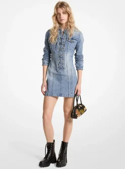 Stretch Denim Lace-Up Mini Dress