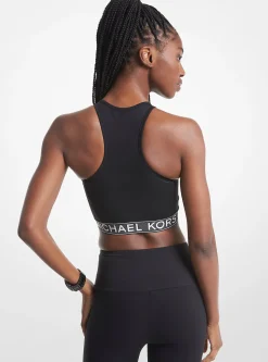 Stretch Nylon Logo Tape Racerback Sports Bra